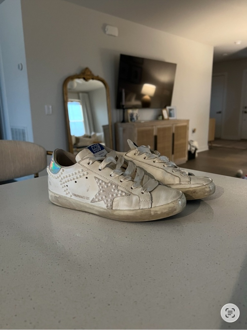 Golden Goose White Pearl-Studded Sneakers with Iridescent Heel Tab